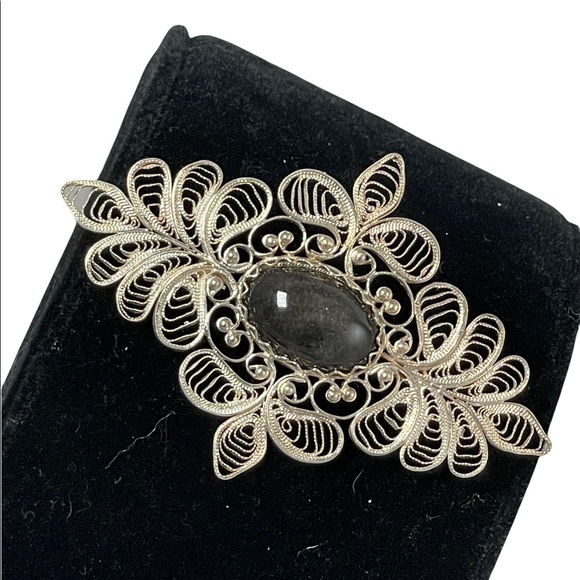 Vintage Large silver filagree black stone fancy bar brooch - Picture 6 of 6